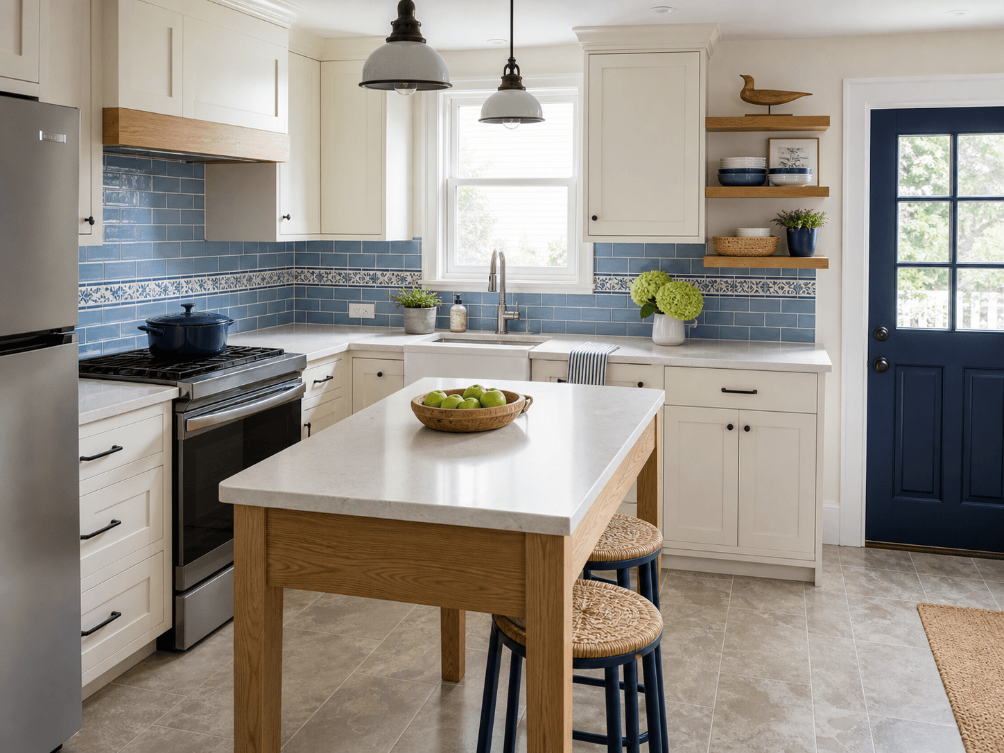 Small kitchen renovation with blue backsplash
